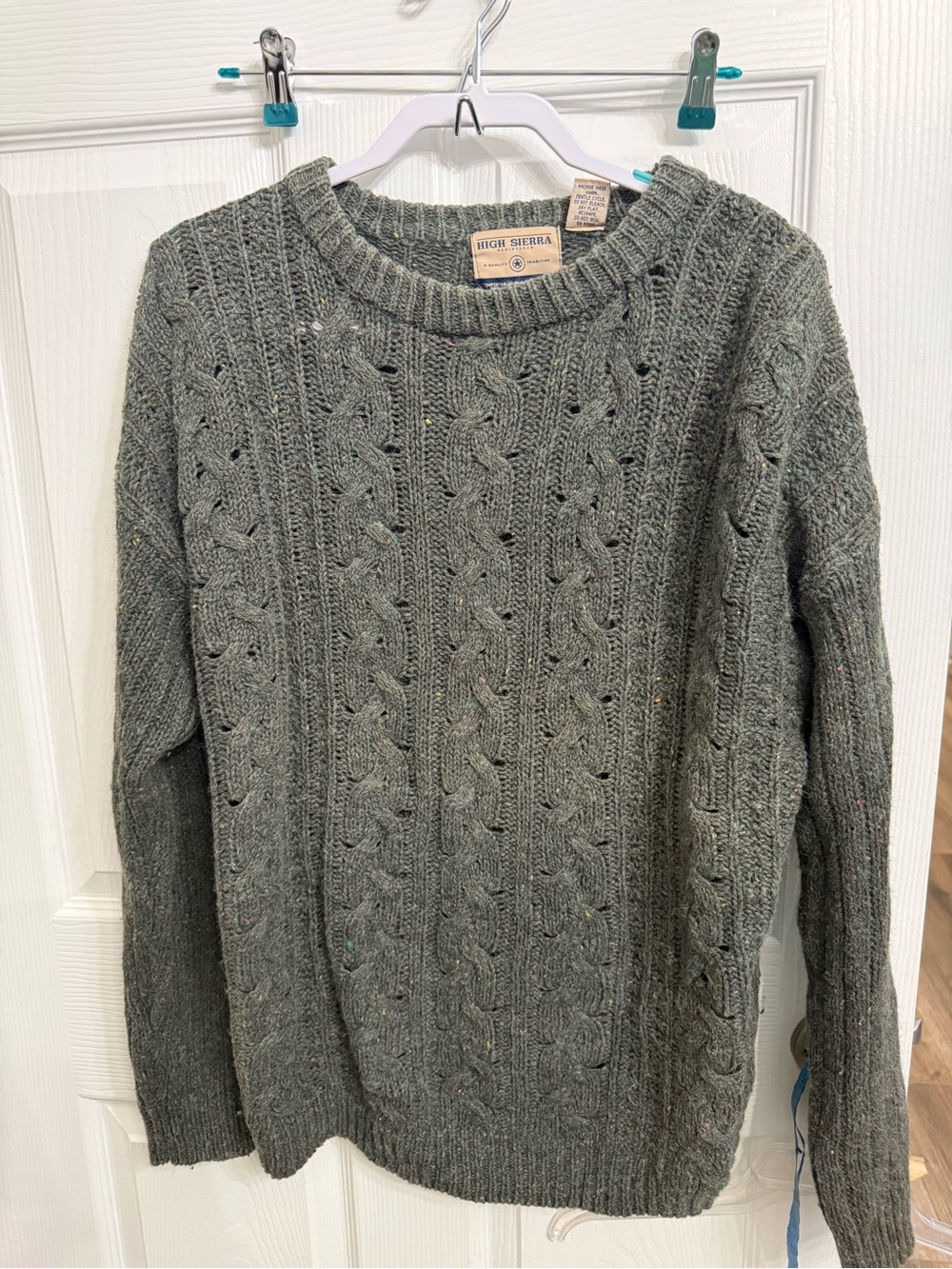 High Sierra Vintage Cable Knit Wool Blend Sweater Green Donegal Men’s L
